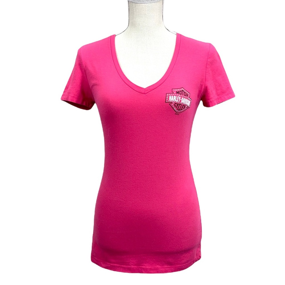 HARLEY-DAVIDSON Pink V-Neck Short Sleeve Women’s Tee Shirt Size Small